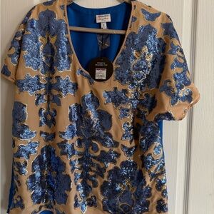 Tracy Reese Blue Sequin Floral Scoop Neck Top on Tan